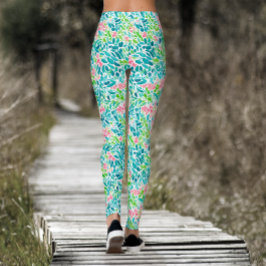 Koel Teal Bloemrijk Botanisch Waterverf Patroon Leggings