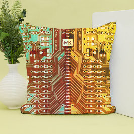 Koel Teal Geel Uniek Retro Steampunk Monogram Kussen