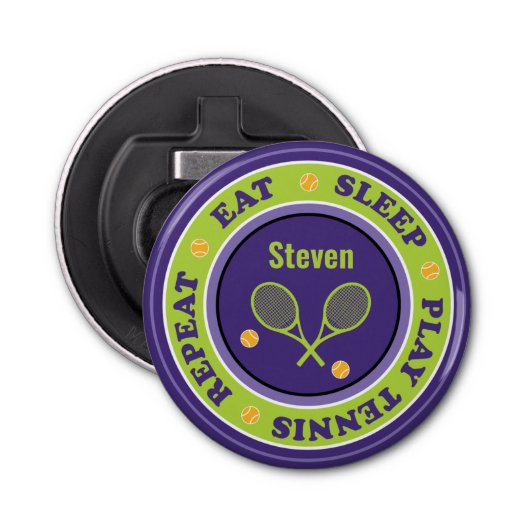 Koel tennisslogan, paars en groen  button flesopener (Voorkant)