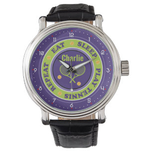 Koel tennisslogan, paars en groen horloge