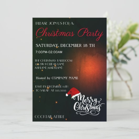 Koel, Trendy Santa Hat, Zwarte Kerstuitnodiging Kaart (Staand voorkant)