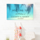 Koel Tropisch Strand, Palm Blau Huwelijk Spandoek (Insitu)