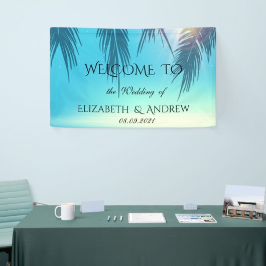 Koel tropisch strand, palmblauw huwelijk spandoek (Beurs)