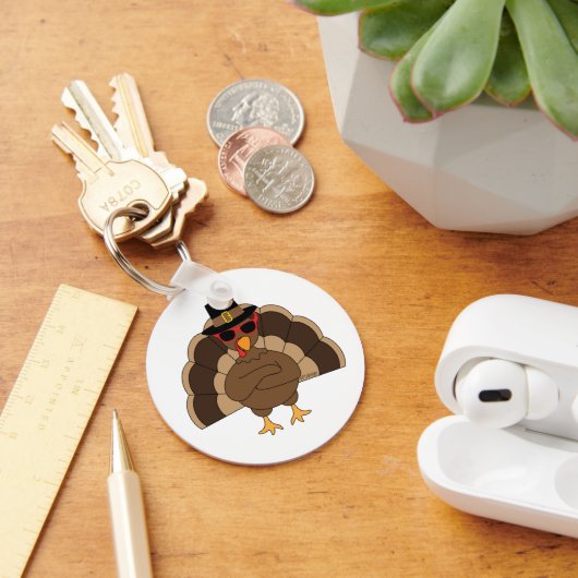 Koel Turkije met een zonnebril Happy Thanksgiving Sleutelhanger (Bureau)