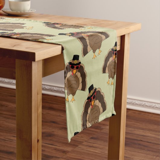 Koel Turkije Thanksgiving leuk bruin groen patroon Korte Tafelloper (Voorbeeld)