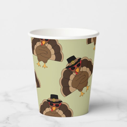 Koel Turkije Thanksgiving leuk bruin groen patroon Papieren Bekers (Achterkant)