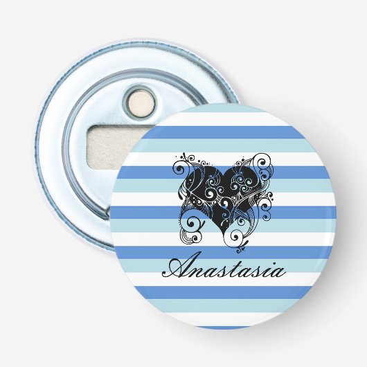 Koel, verbluffend, blauw Stripes hart Button Flesopener (Voorkant)