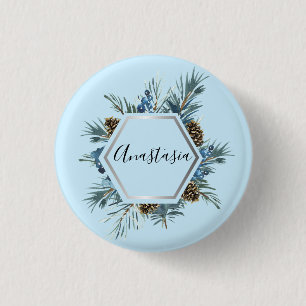 Koel, verbluffend, blauwe bloemen jouw naam ronde button 3,2 cm