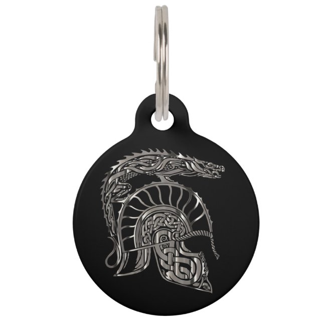 Koel Warrior Metallic Drakenhelm Huisdierpenning (Voorkant)