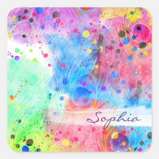 Koel waterverven pauw veren abstract patroon vierkante sticker (Voorkant)