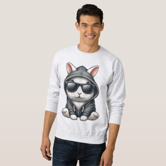 Koel wit konijn in hoodie en zonnebril trui (Voorkant volledig)