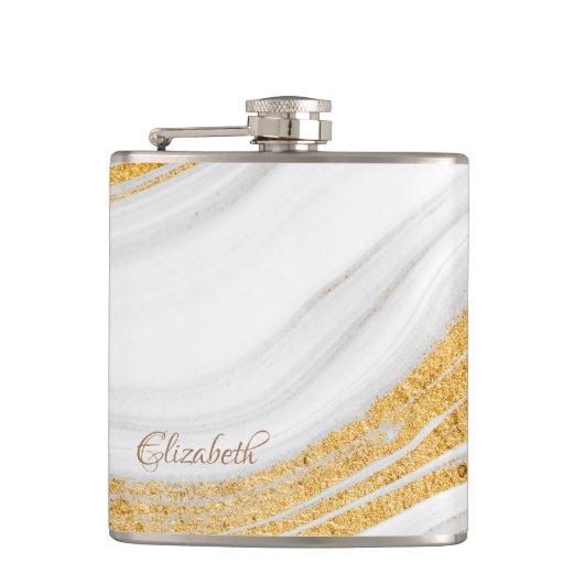 Koel wit marmer goud glitters heupfles (Voorkant)