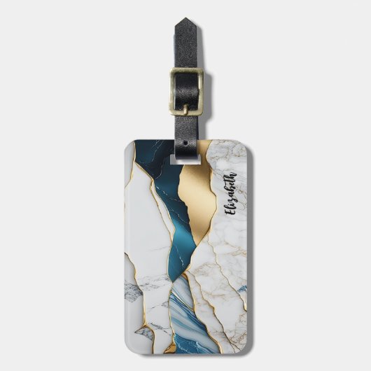 Koel wit turquoise marmeren steen goud bagagelabel (Voorkant verticaal)