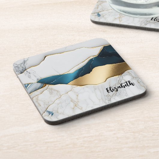 Koel wit turquoise marmeren steen goud bier onderzetter (Linkerzijde)