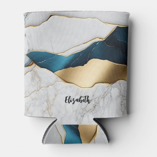 Koel wit turquoise marmeren steen goud blikjeskoeler (Voorkant)