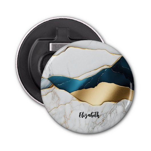 Koel wit turquoise marmeren steen goud button flesopener (Voorkant)