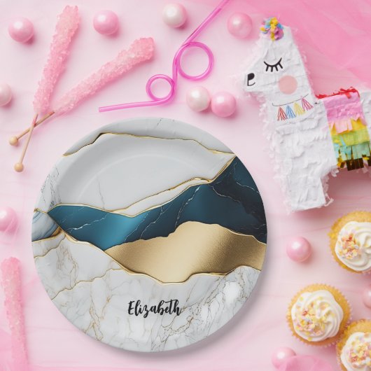 Koel wit turquoise marmeren steen goud papieren bordje (Feest)