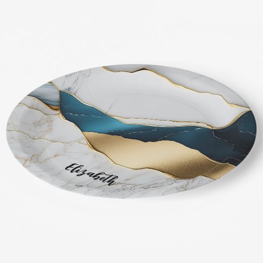 Koel wit turquoise marmeren steen goud papieren bordje (Gekanteld)