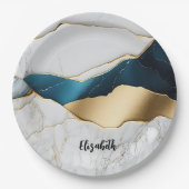 Koel wit turquoise marmeren steen goud papieren bordje (Voorkant)