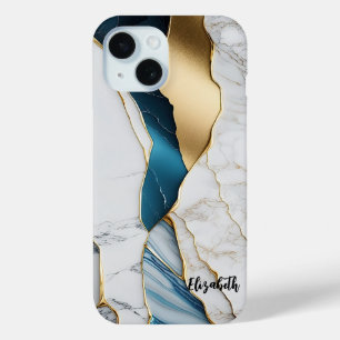 Koel Witte Turquoise Marmer Steen Goud iPhone 15 Case