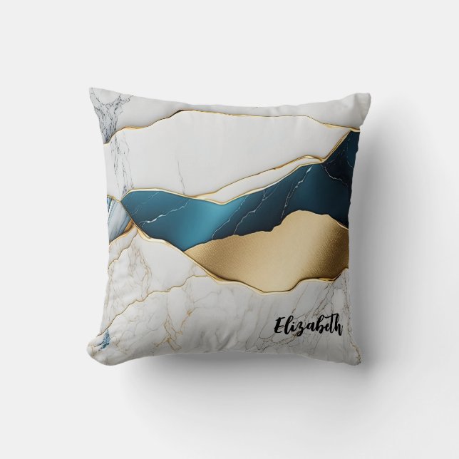 Koel Witte Turquoise Marmer Steen Goud Kussen (Voorkant)