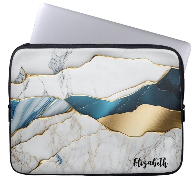 Koel Witte Turquoise Marmer Steen Goud Laptop Sleeve (Voorkant)