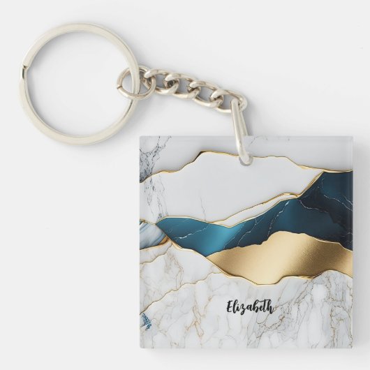Koel Witte Turquoise Marmer Steen Goud Sleutelhanger (voorkant)