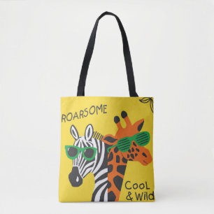 Koel zebra en giraffe met een gele bril tote bag