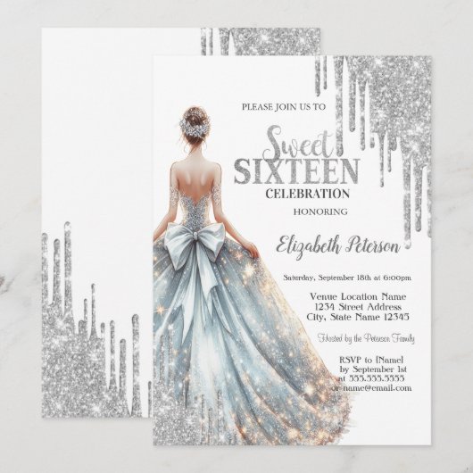 Koel zilveren glinsterende druppels, meisjesjurk S Kaart (Voorkant / Achterkant)