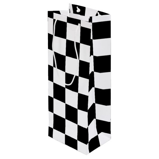 Koel zwart en wit gecheckt vlagpatroon wijn cadeautas (Achterkant Gekanteld)