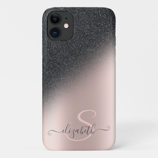 Koel Zwart Glitter Ombre Roze Gouden Monogram Case-Mate iPhone Case (Achterkant)