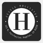 Koel zwart-wit cirkel monogram retouradres vierkante sticker (Voorkant)