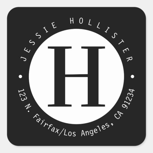 Koel zwart-wit cirkel monogram retouradres vierkante sticker (Voorkant)