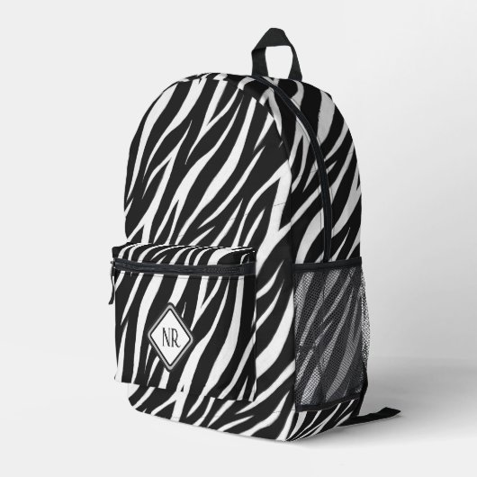 Koel Zwart-wit Patroon Zebra Print Monogram Bedrukte Rugzak (Achterkant Hoek Rechts)