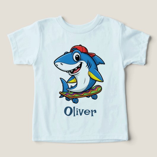 Koelblauwe cartoonhaai op skateboard (Design voorkant)