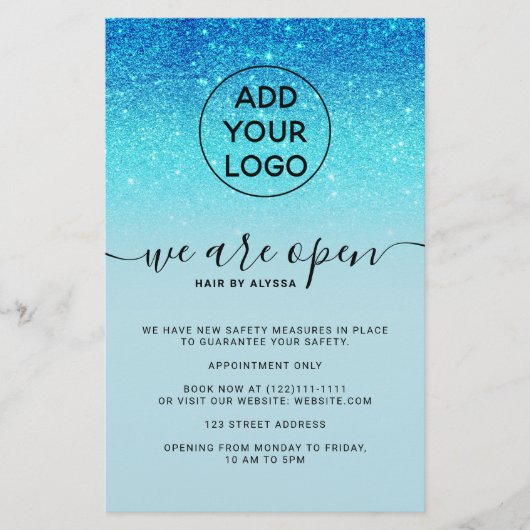 Koelblauwe glitterprijzen logo We zijn open Flyer (Voorkant)