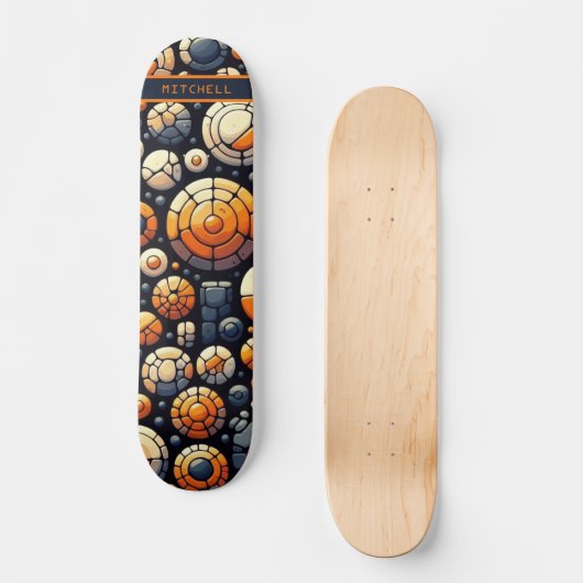 Koele Abstracte Cirkels Navy Sinaasappel Skateboar Persoonlijk Skateboard (Voorkant)