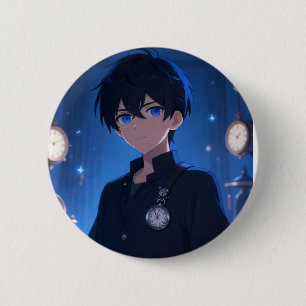 Koele Anime Jongen Blauwe Ogen & Klokken Esthetisc Ronde Button 5,7 Cm