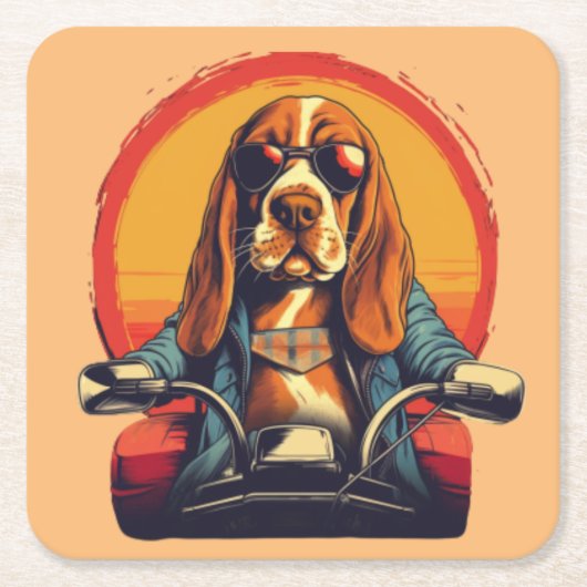 Koele basset hound biker in de zonsondergang kartonnen onderzetters (Voorkant)