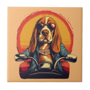 Koele basset hound biker in de zonsondergang tegeltje
