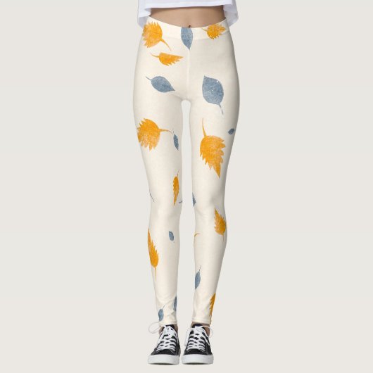Koele blauwe & Gouden Gele Bladeren op Crème Leggings (Voorkant)