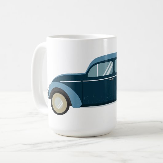 Koele blauwe retro auto met scuffs koffiemok (Voorkant links)