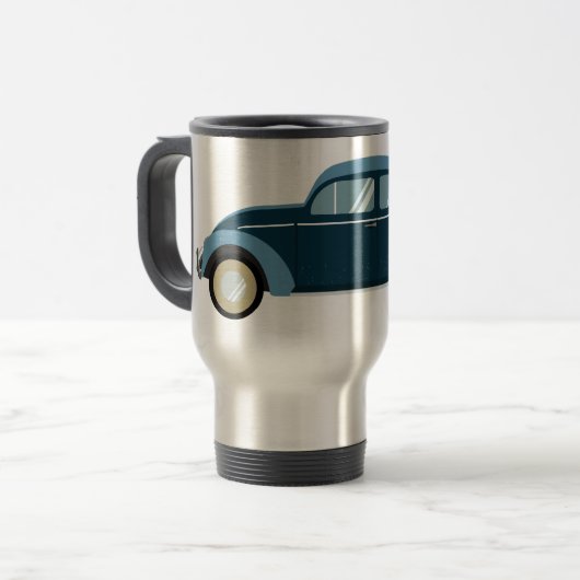 Koele blauwe retro auto met scuffs reisbeker (Voorkant links)