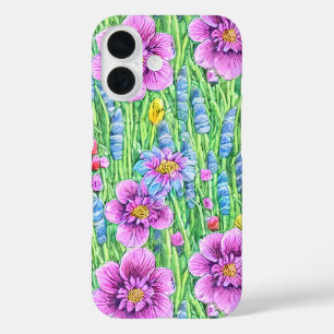 Koele bloementuin Kleurrijk patroon Paarse Groen iPhone 16 Hoesje