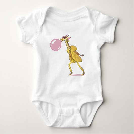 Koele Cartoon Giraffe in bontjas met Bubblegum Romper (Voorkant)