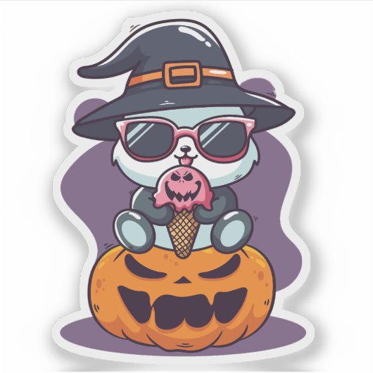 Koele Cartoon Panda zat op pompoen Sticker (Voorkant)