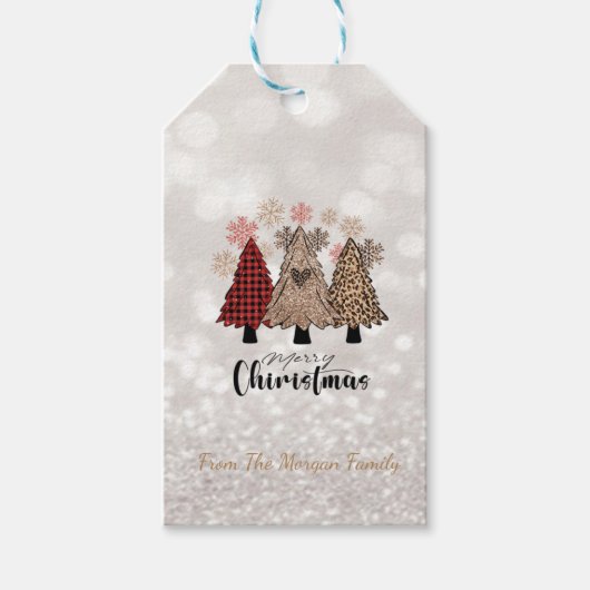 Koele dennenbomen glinsterende bokeh cadeaulabel (Voorkant)