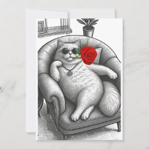 Koele dikke kat met rode roos vintage schets kunst bedankkaart