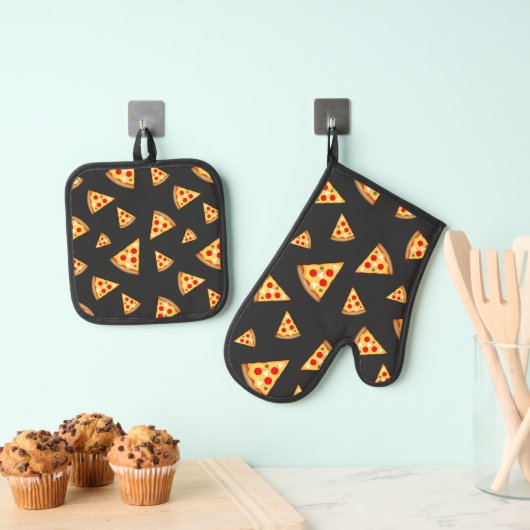 Koele en leuke pizza plakjes patroon donkergrijs ovenwant & pannenlap set (Insitu(Ophanging))