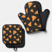 Koele en leuke pizza plakjes patroon donkergrijs ovenwant & pannenlap set (Voorkant / Achterkant)